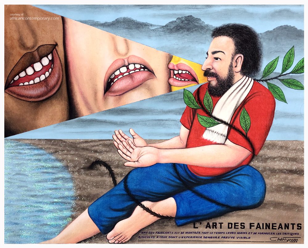 L'art des fainéants by Chéri Samba (1999) - acrylics and glitter on canvas | 81 cm x 100 cm