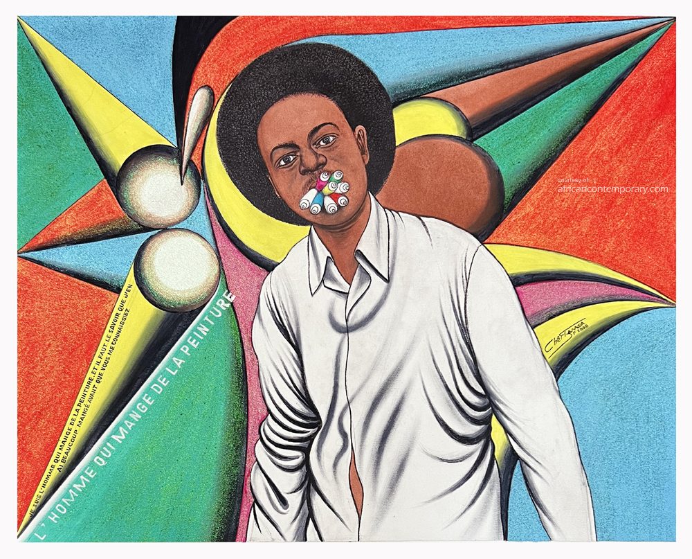L'homme qui mange de la peinture by Chéri Samba (1998) - acrylics and glitter on canvas | 81 cm x 100 cm