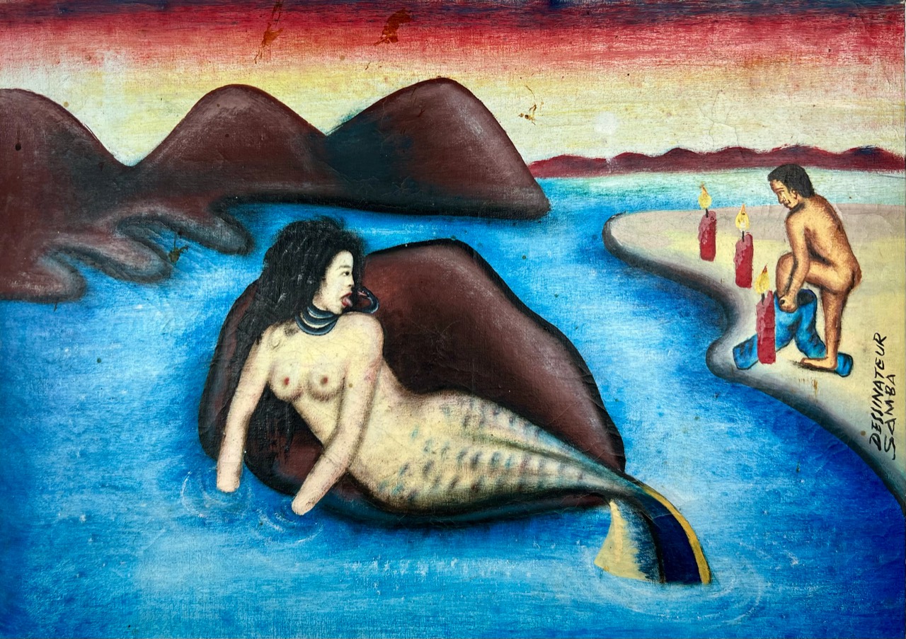 Sirène by Chéri Samba, 1978, oil on flour sack