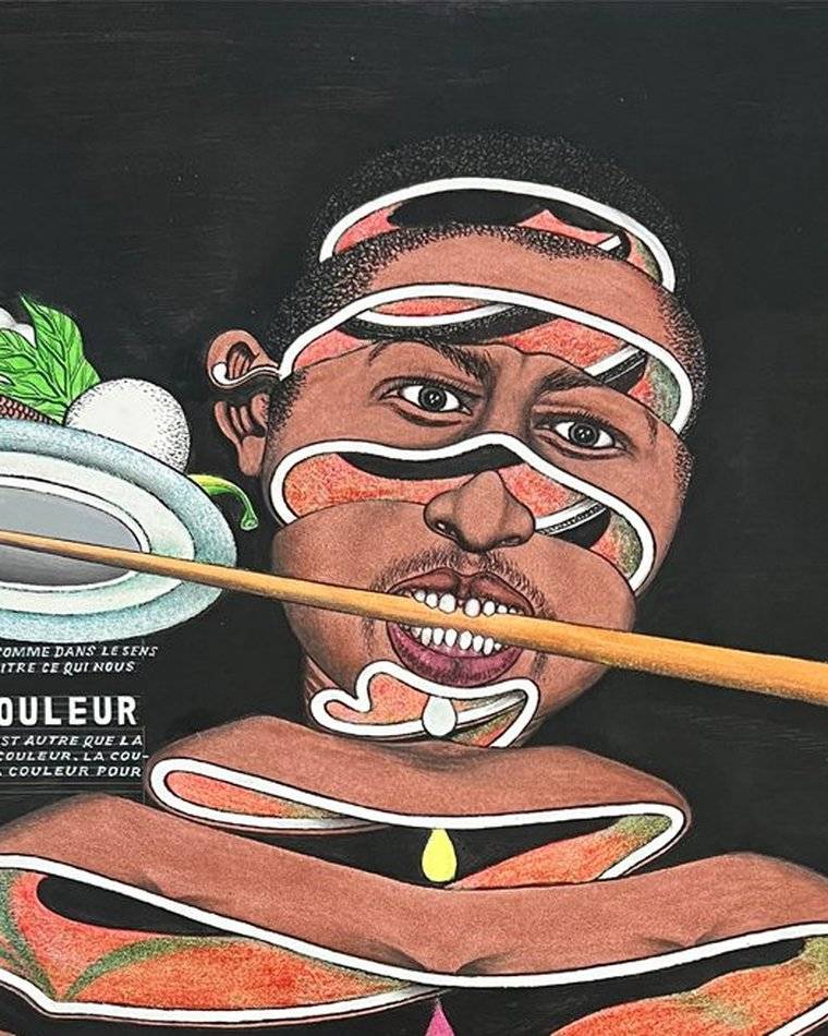 Detail of 'J'aime la couleur' by Chéri Samba (2004), acrylics and glitter on canvas, 120 x 150 cm
