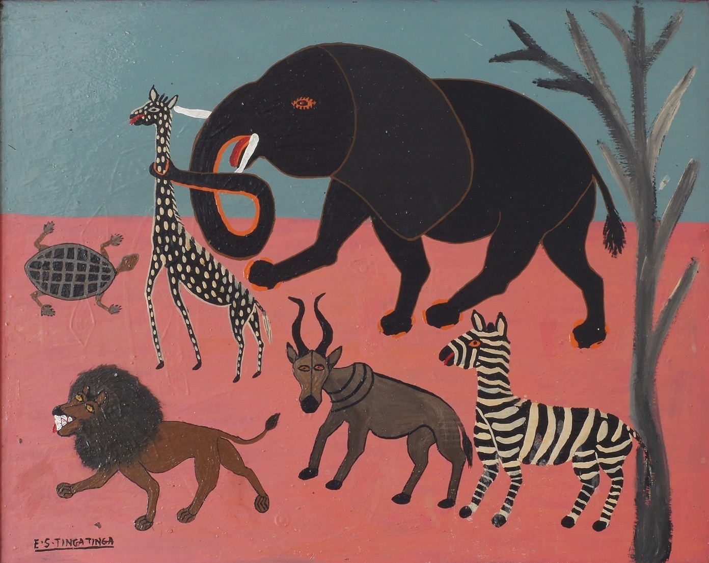 Edward Saidi Tingatinga ’Savannah Life’ 1968 - bicycle enamel on masonite | 58 cm x 73 cm (22.8 in x 28.7 in)