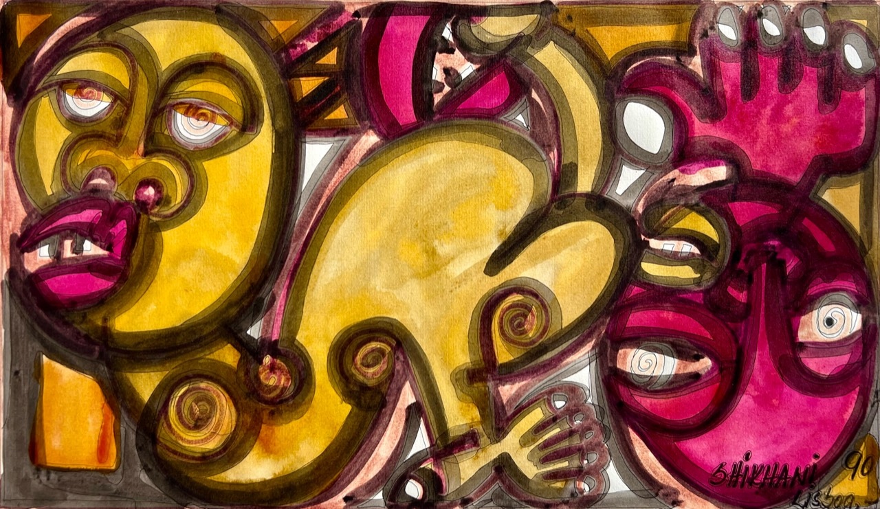 Ernesto Shikhani ’Faces in Yellow and Magenta’ 1990 - tempera on paper | 28 cm x 48 cm (11.0 in x 18.9 in)