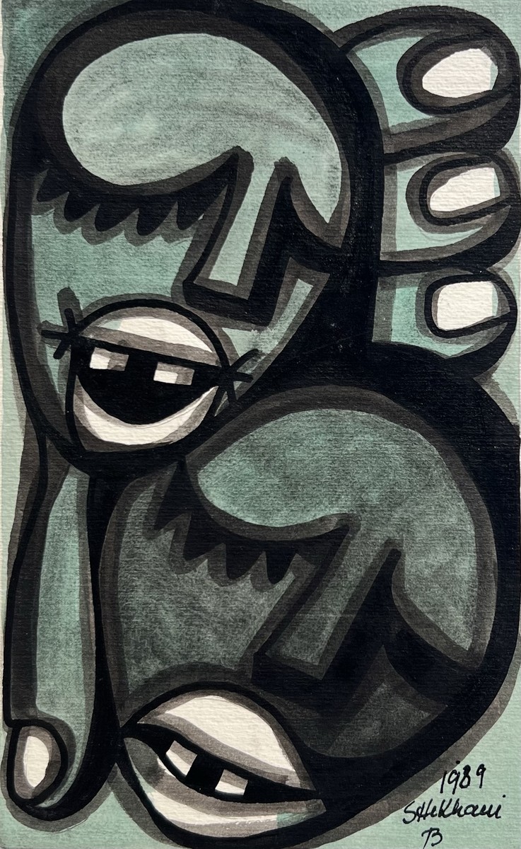 Untitled (Portrait in Teal) by Ernesto Shikhani (1989) - tempera on paper | 23 cm x 14 cm (9.1 in x 5.5 in)