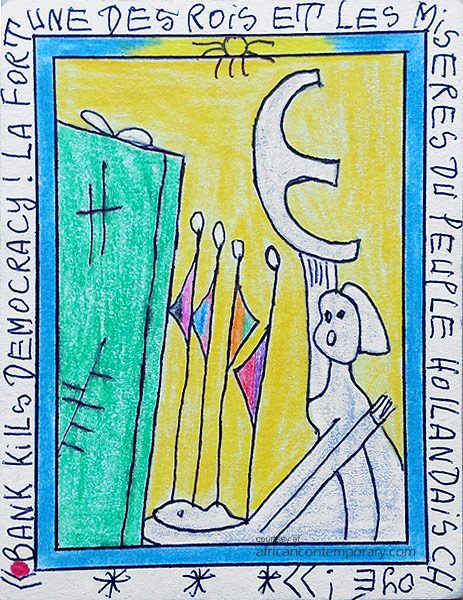 Bank kills democracy! by Frédéric Bruly Bouabré (2011) - crayons and pen on card | 15 cm x 11 cm