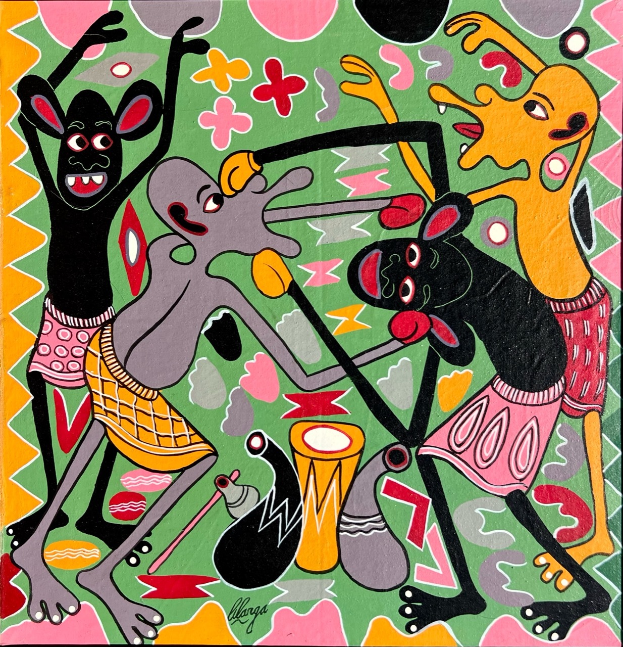 Mashindano ya Ngumi by George Lilanga di Nyama (1996) - enamels on canvas | 60 cm x 60 cm (23.6 in x 23.6 in)