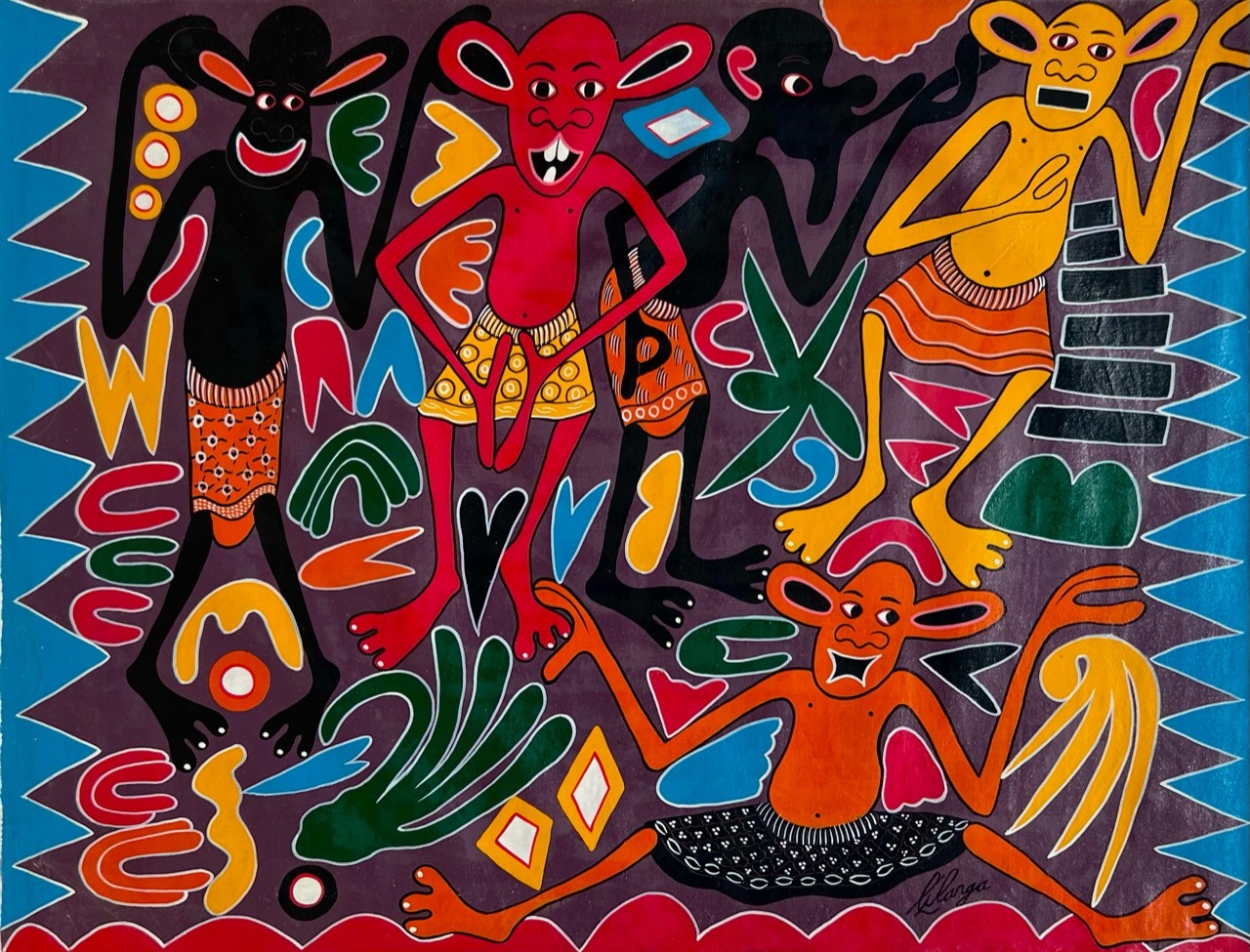 Nyamazeni no waambie hadisi ya jana by George Lilanga di Nyama (1996) - enamels on canvas | 71 cm x 92 cm (28.0 in x 36.2 in)