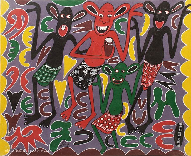 Mbona Munacheka Wote Mumefurii by George Lilanga di Nyama (1992) - enamels on canvas | 71 cm x 87 cm