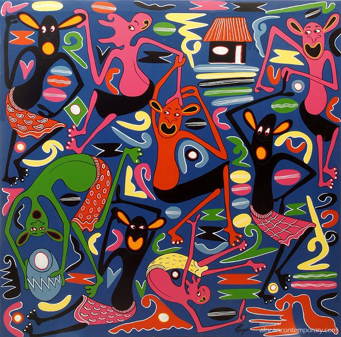 Naomba Uniachie Hiki Kichwa Changiu, Kwani Mimi Sina Kosa Lolote by George Lilanga di Nyama (1996) - enamels on canvas | 100 cm x 100 cm
