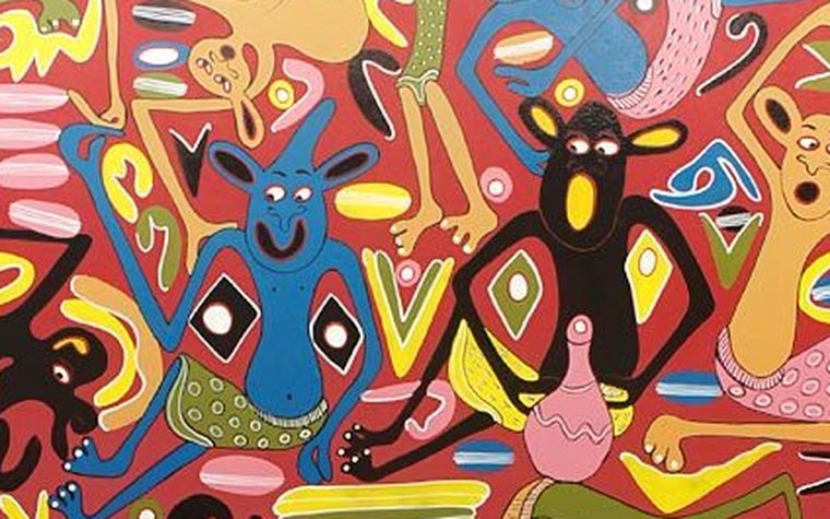 Detail of a painting by George Lilanga, 'Mazungumzo Ya Vijama Katika Maisha Ya Kila Siku', 1996
