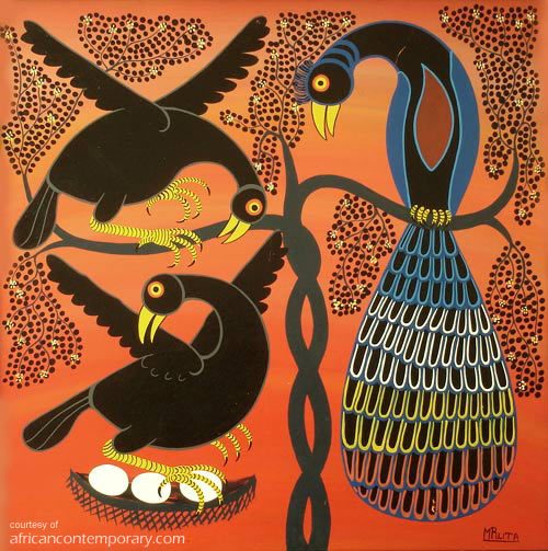 Three birds and three eggs by Hashim Mruta Bushier - oil on masonite | 60 cm x 60 cm