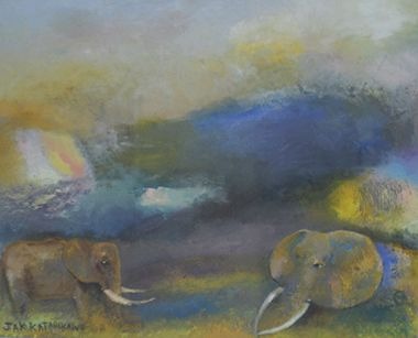 Untitled (Elephants at the Waterhole) by Jak Katarikawe (1975) - oil on canvas | 83 cm x 63 cm