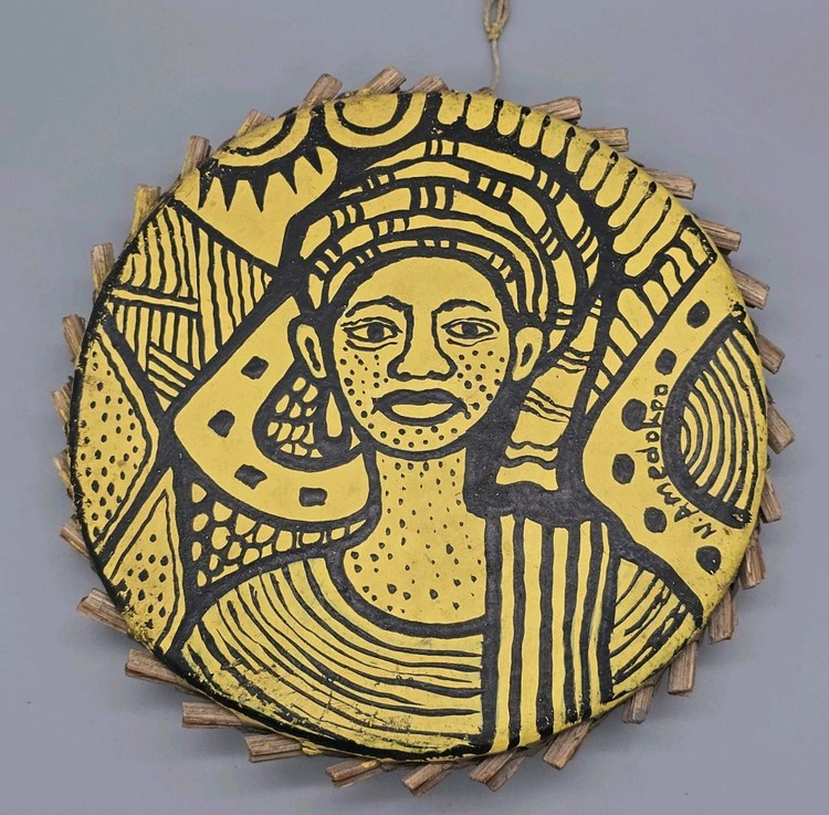 Untitled (Face) by Joseph Amedokpo (c. 1985) - oil on goat skin | 18 cm diameter (7 in)