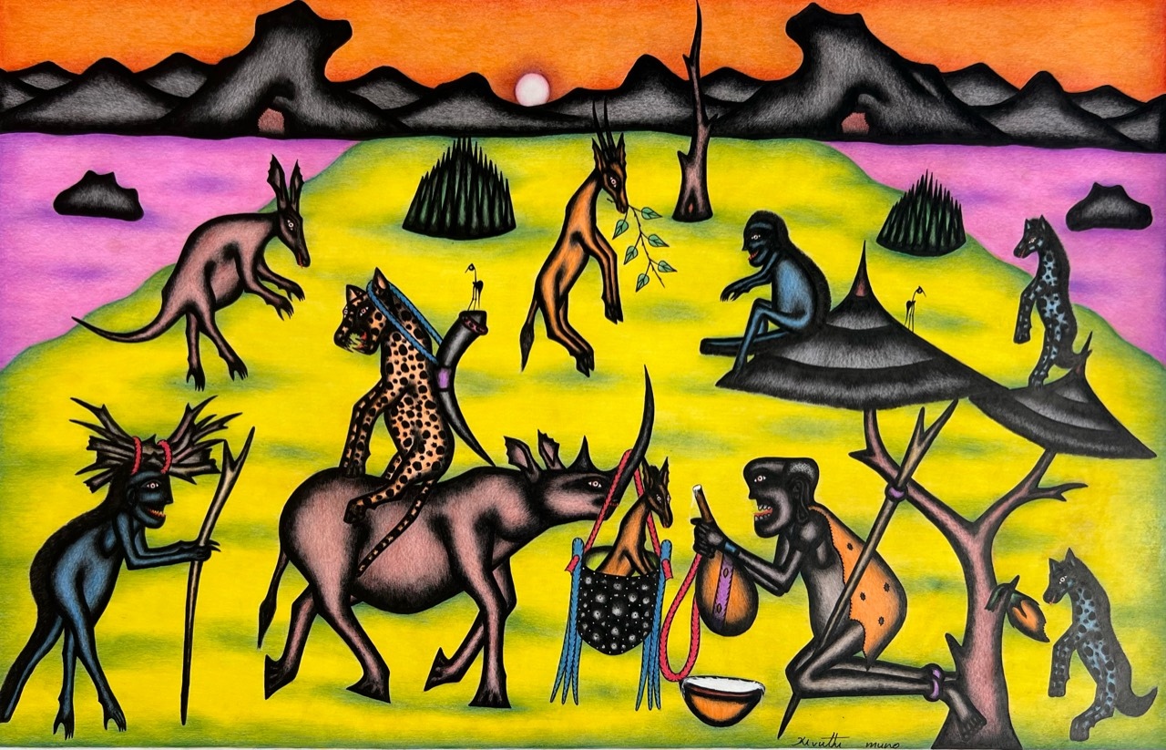Kivuthi Mbuno ’Animals on the Yellow Plain’ 2013 - crayons and felt-tip on paper | 60 cm x 92 cm (23.6 in x 36.2 in)