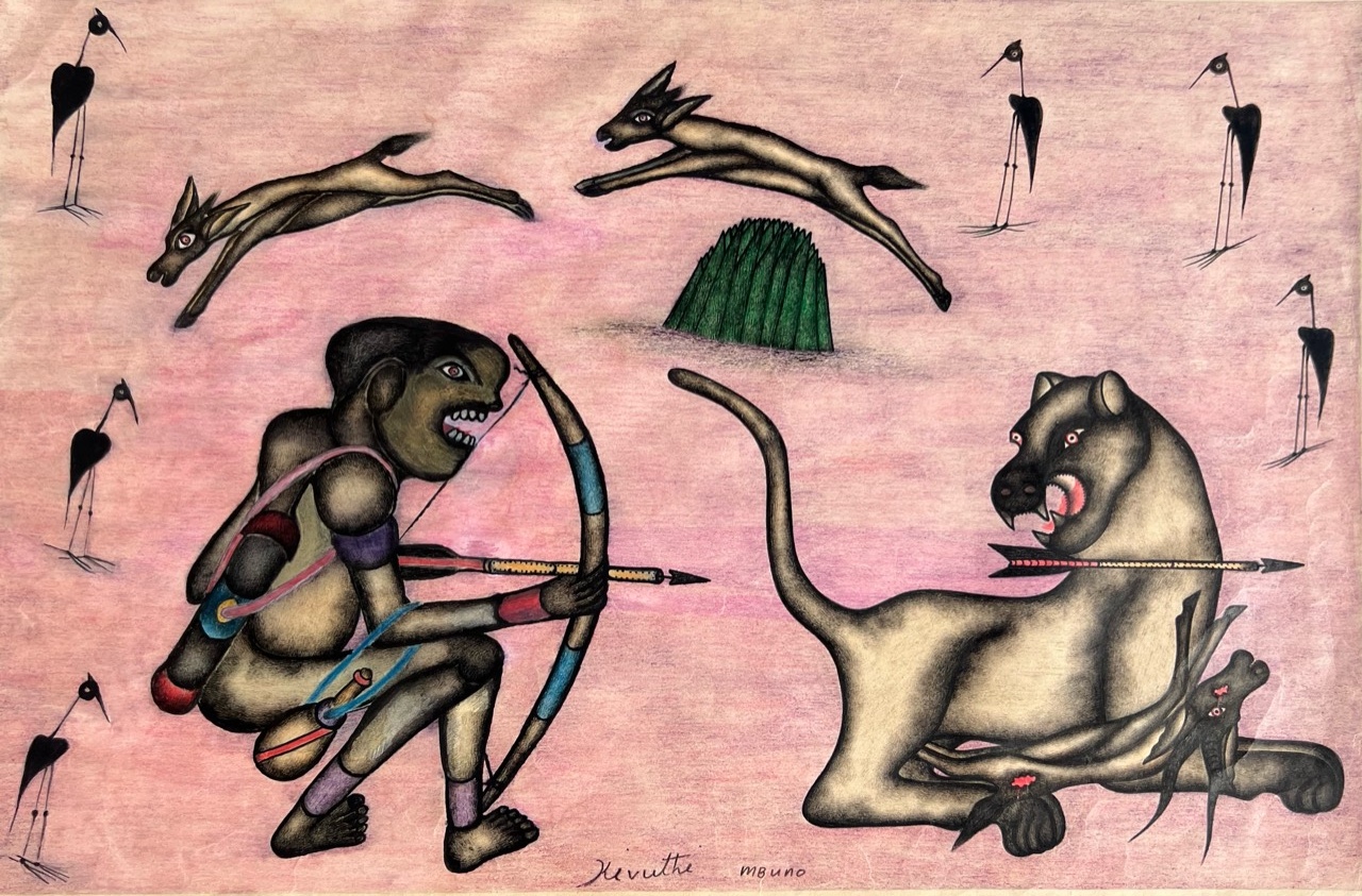 Kivuthi Mbuno - Archer and Lions - 1980s - crayons and felt-tip on paper | 45 cm x 70 cm (17.7 in x 27.6 in)