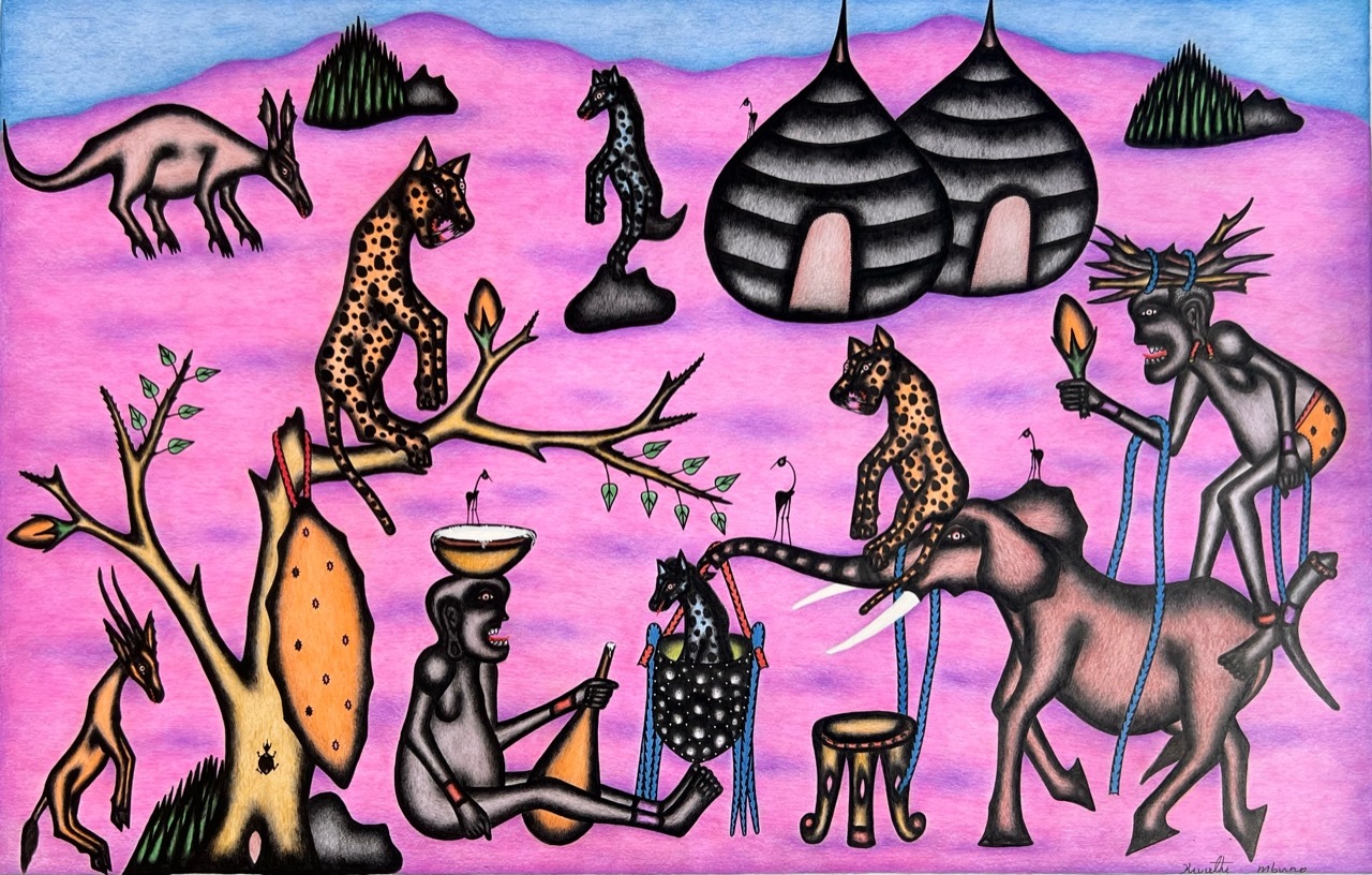 Kivuthi Mbuno ’Elephant and Hunter’ 2013 - crayons and felt-tip on paper | 60 cm x 92 cm (23.6 in x 36.2 in)