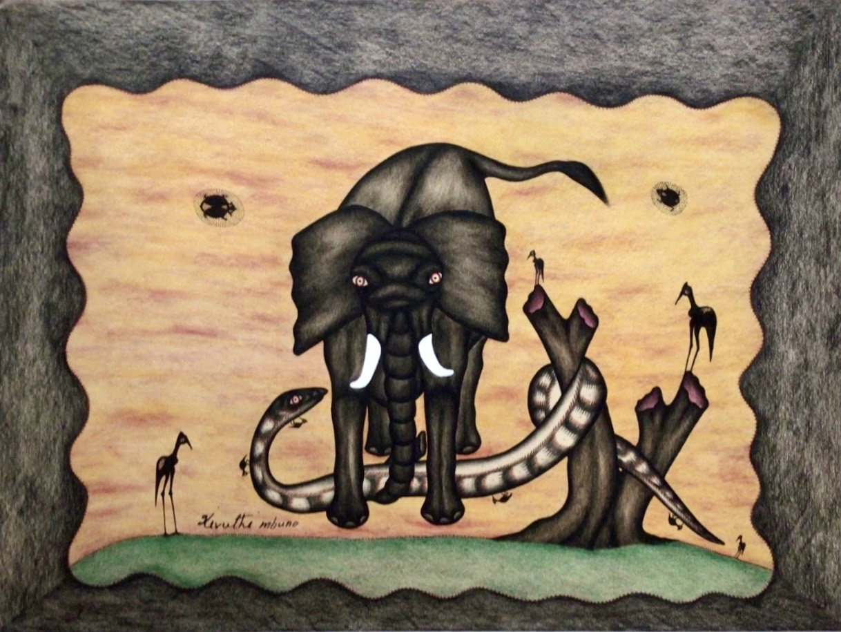 Kivuthi Mbuno ’Elephant and Serpent’ 1988 - crayons and felt-tip on paper | 37.8 cm x 51.1 cm (14 7/8 in x 20 1/8 in)