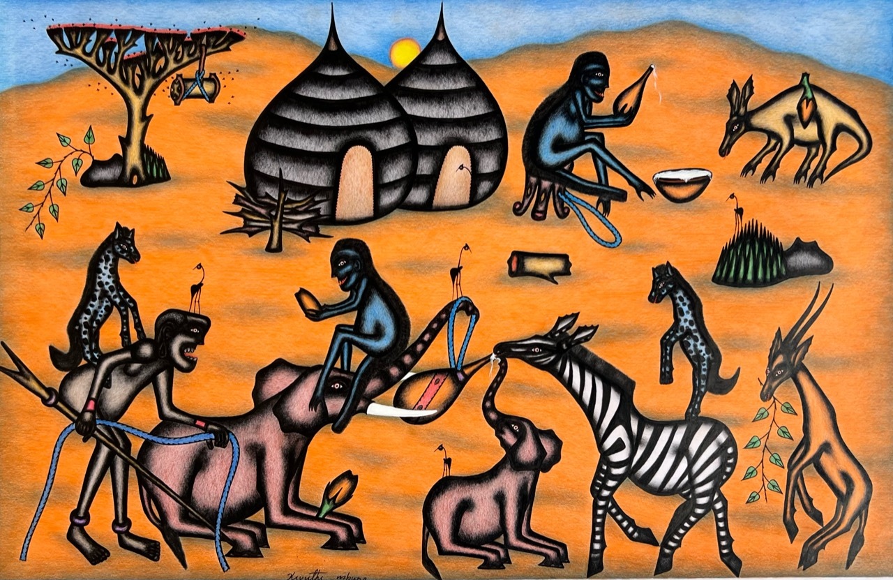Kivuthi Mbuno ’Elephants on the Orange Plain’ 2013 - crayons and felt-tip on paper | 60 cm x 92 cm (23.6 in x 36.2 in)