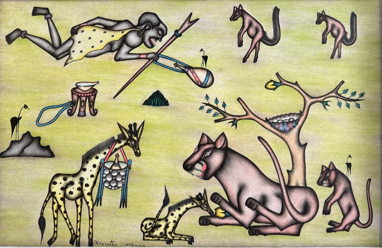 Kivuthi Mbuno ’Hunter and Animals on the Yellow Plain’ early 1990s - pencil and crayons on paper | 47 cm x 73 cm (18.5 in x 28.7 in)