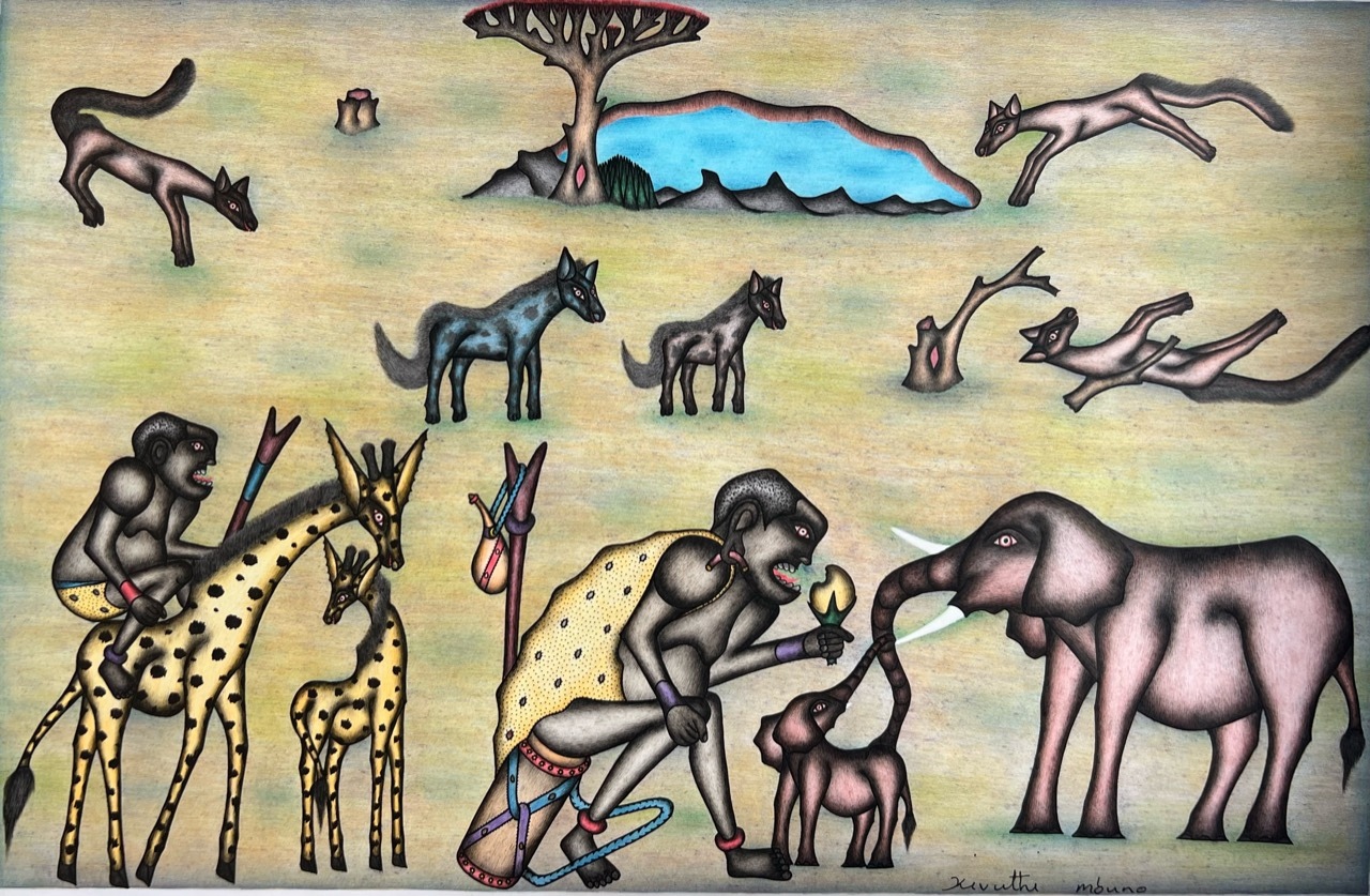 Kivuthi Mbuno ’Hunters and Elephants by the Waterhole’ early 1990s - pencil and crayons on paper | 47 cm x 73 cm (18.5 in x 28.7 in)