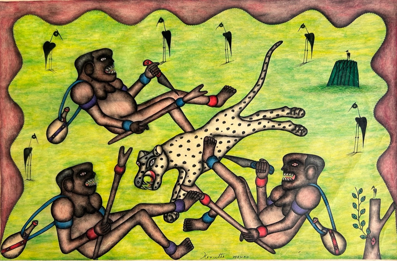 Kivuthi Mbuno - Hunters and Leopard - 1980s - crayons and felt-tip on paper | 45 cm x 70 cm (17.7 in x 27.6 in)