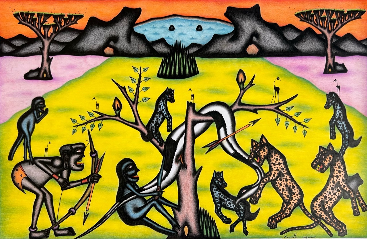 Kivuthi Mbuno ’Hunters and Leopards’ 2013 - crayons and felt-tip on paper | 60 cm x 92 cm (23.6 in x 36.2 in)
