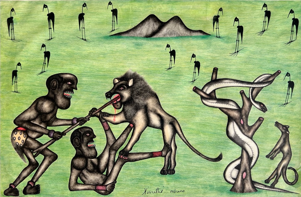Kivuthi Mbuno - Hunters and Lion - 1980s - crayons and felt-tip on paper | 45 cm x 70 cm (17.7 in x 27.6 in)