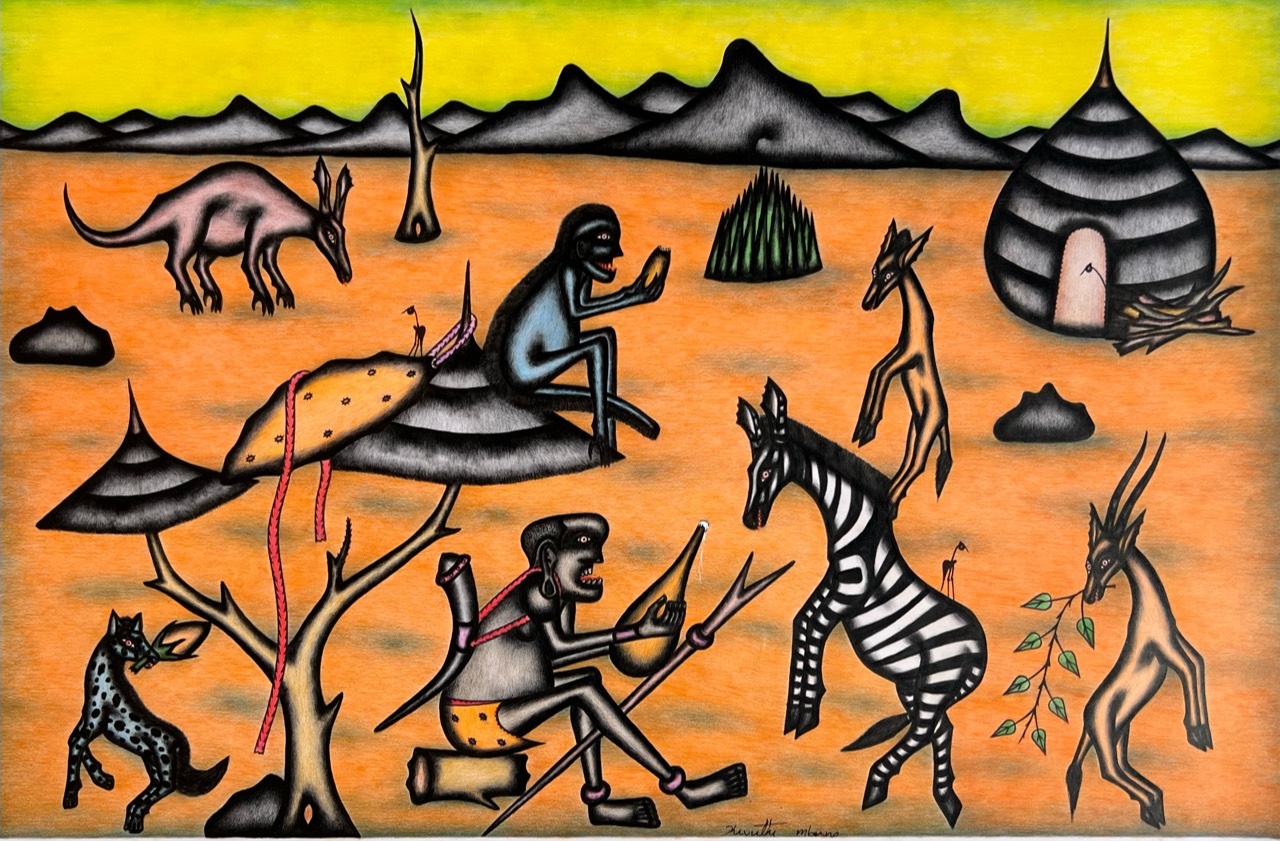 Kivuthi Mbuno ’Hunters and Zebra’ 2013 - crayons and felt-tip on paper | 60 cm x 92 cm (23.6 in x 36.2 in)