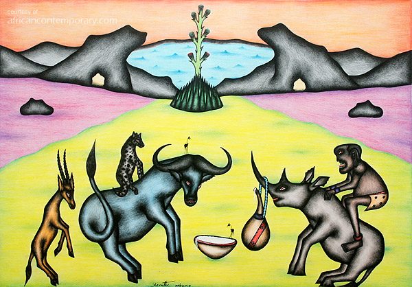 Kifaru amezoea by Kivuthi Mbuno (2013) - crayons and felt-tip on paper | 61 cm x 86 cm