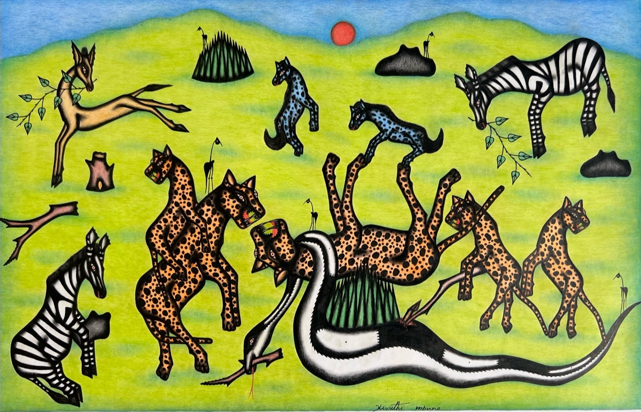 Kivuthi Mbuno ’Leopards and the Winding Serpent’ 2013 - crayons and felt-tip on paper | 60 cm x 92 cm (23.6 in x 36.2 in)