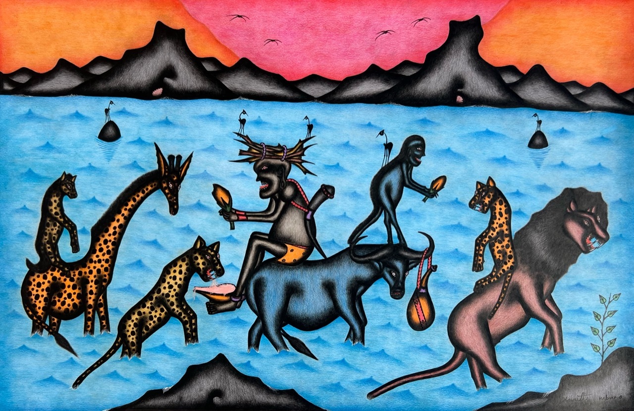 Kivuthi Mbuno ’Riders and Big Cats’ 2013 - crayons and felt-tip on paper | 60 cm x 92 cm (23.6 in x 36.2 in)