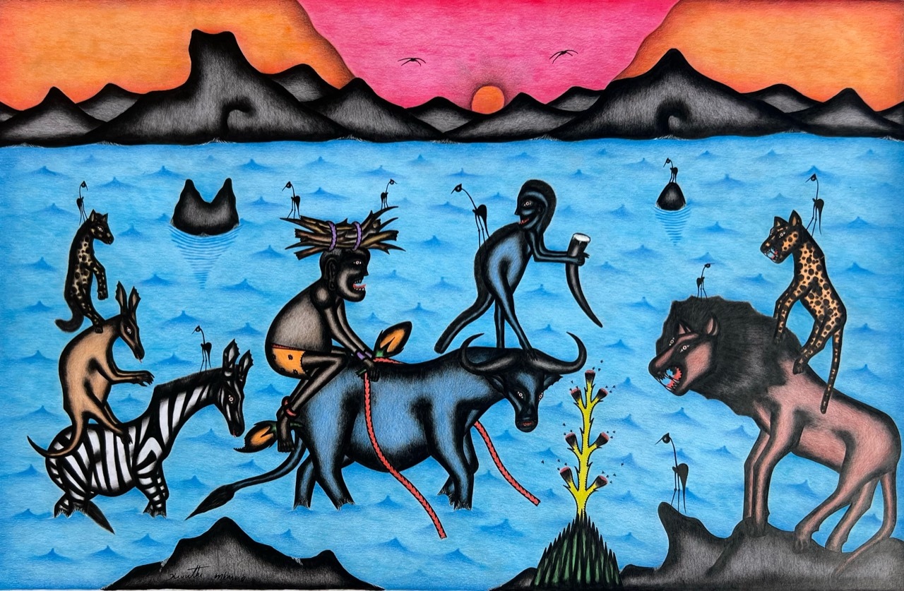 Kivuthi Mbuno ’Riders on the Blue Plain’ 2013 - crayons and felt-tip on paper | 60 cm x 92 cm (23.6 in x 36.2 in)