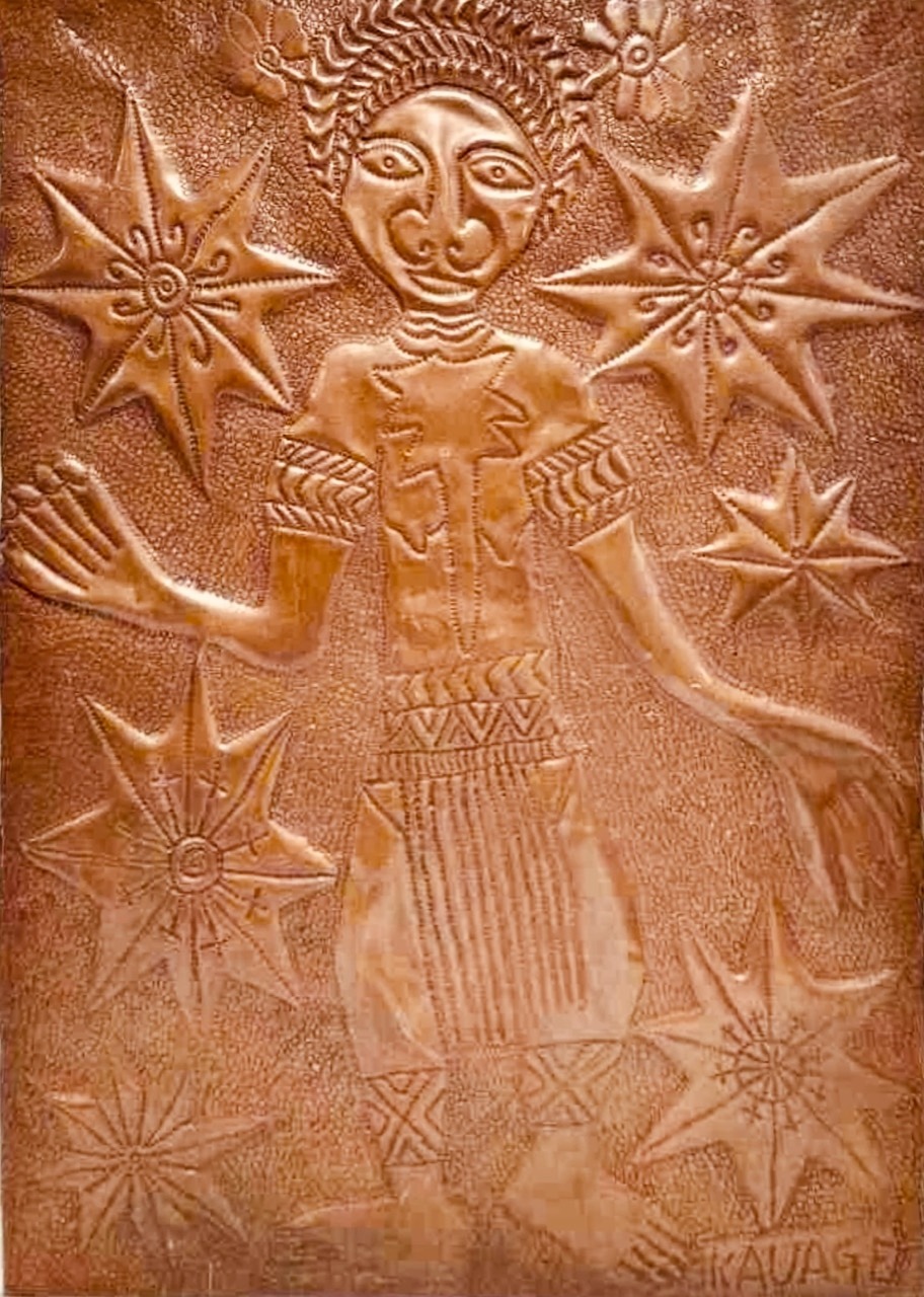 Figure among Stars by Mathias Kauage, copper repoussé