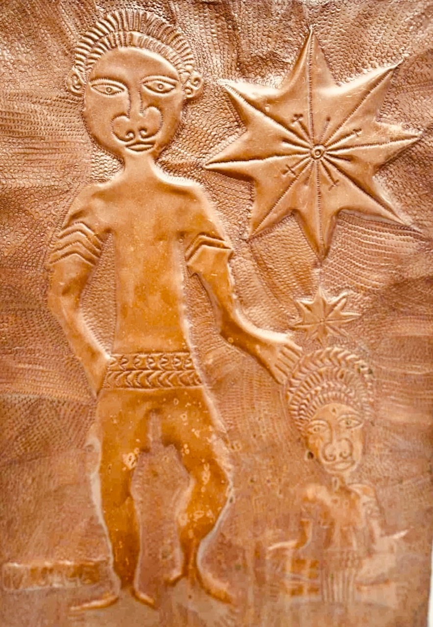Two Figures and Stars by Mathias Kauage, copper repoussé