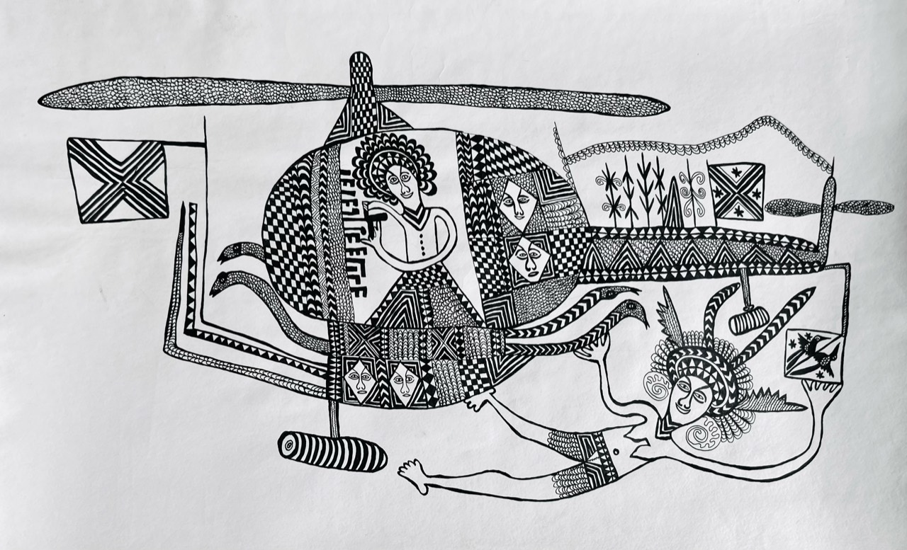 Helicopter and Figures by Mathias Kauage