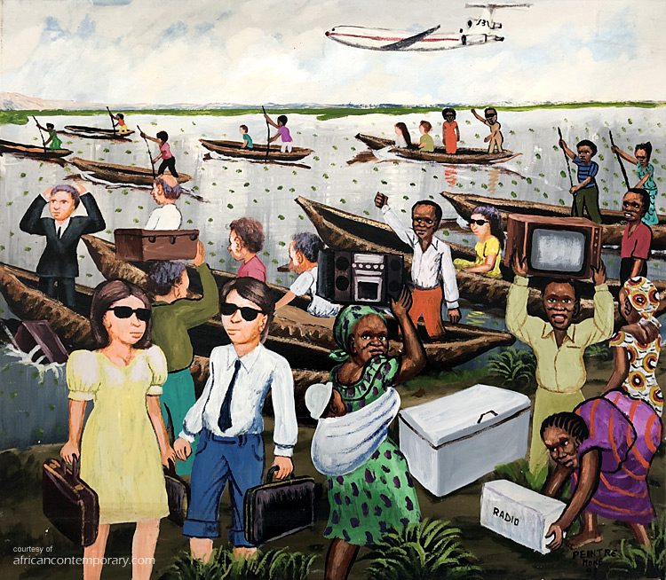 Pillage fuite pirogues by Peintre Moke (1992) - oil on canvas | 73 cm x 84 cm