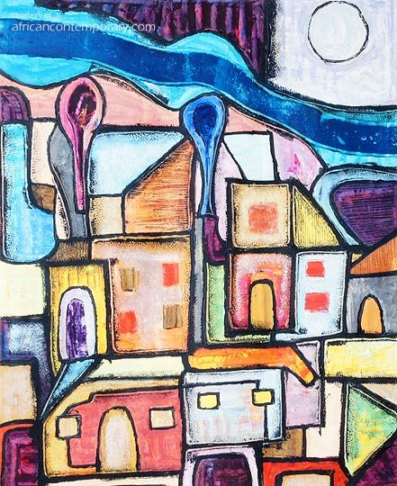 Farm settlement by Rufus Ogundele (1989) - oil on paper | 49 cm x 40 cm