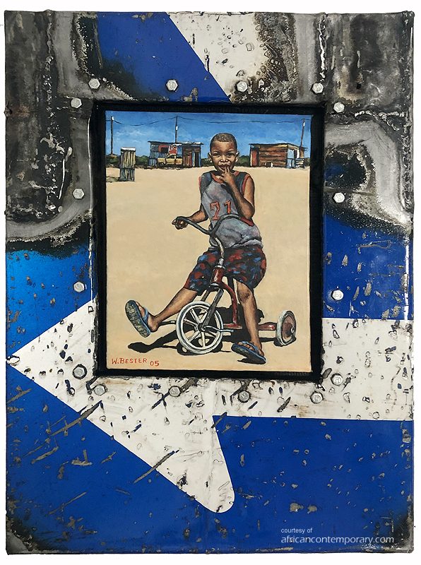 untitled #1 by Willie Bester (2005) - mixed media on traffic signs and hardboard | 55 cm x 36 cm