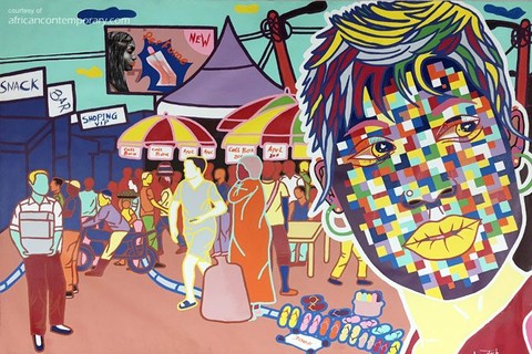 Ajarb Bernard Ategwa 'Untitled (Urban Scene)' 2015 - acrylics on canvas | 160 cm x 221 cm
