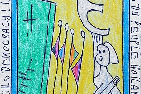 Frederic Bruly Bouabre 'Bank kills democracy!' 2011 - crayons and pen on card | 15 cm x 11 cm