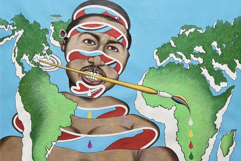 Chéri Samba 'J'aime la couleur du monde' 2004 - acrylics and glitter on canvas | 81 cm x 100 cm (31.9 in x 39.4 in)