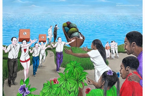 Chéri Samba 'L'arrivee des jaunes' 1997 - acrylics and glitter  on canvas | 120 cmx 150 cm