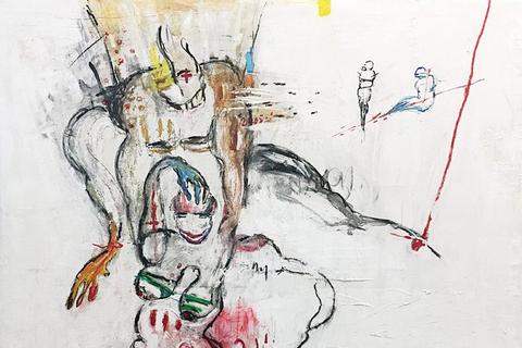 Dominique Zinkpé 'Untitled (Trapeze Figures)' 2010 - mixed media on canvas | 145 cm x 140 cm