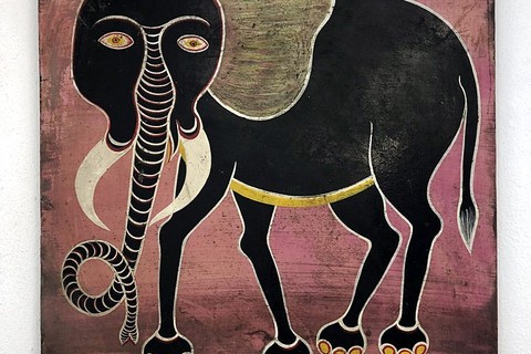E.S. Tingatinga 'Elephant' early 70's - enamels on masonite | 61 cm x 61 cm (24.0 in x 24.0 in)