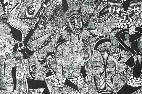 Emmanuel Ekong Ekefrey 'Mbopo' 1987 - ink and oils on canvas | 92 cm x 122 cm (36.2 in x 48.0 in)