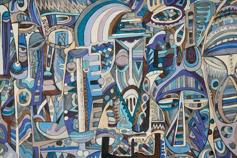 Emmanuel Ekong Ekefrey 'Professor' 1989 - ink and oils on canvas | 119 cm x 68 cm (46.9 in x 26.8 in)