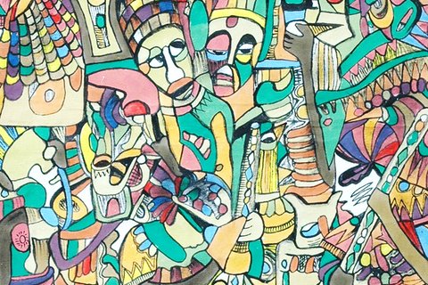 Emmanuel Ekong Ekefrey 'Yam' 1987 - ink and oils on canvas | 66 cm x 126 cm (26.0 in x 49.6 in)