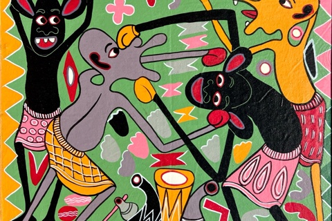 George Lilanga 'Mashindano ya Ngumi' 1996 - enamels on canvas | 60 cm x 60 cm (23.6 in x 23.6 in)
