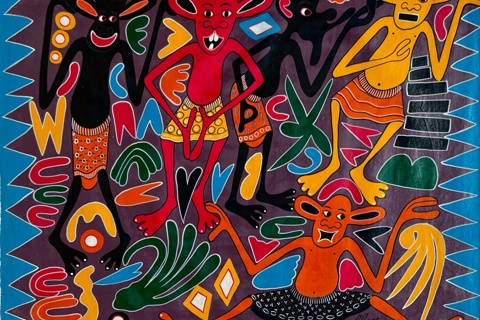 George Lilanga 'Nyamazeni no waambie hadisi ya jana' 1996 - enamels on canvas | 71 cm x 92 cm (28.0 in x 36.2 in)