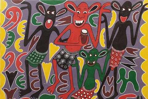 George Lilanga 'Mbona Munacheka Wote Mumefurii' 1992 - enamels on canvas | 71 cm x 87 cm