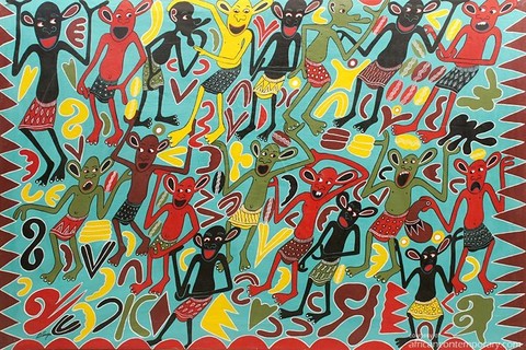 George Lilanga 'Mkusanyiko Watu Unakatazwa Hayo Magenge Yenu' 1992 - enamels on canvas | 117 cm x 176 cm